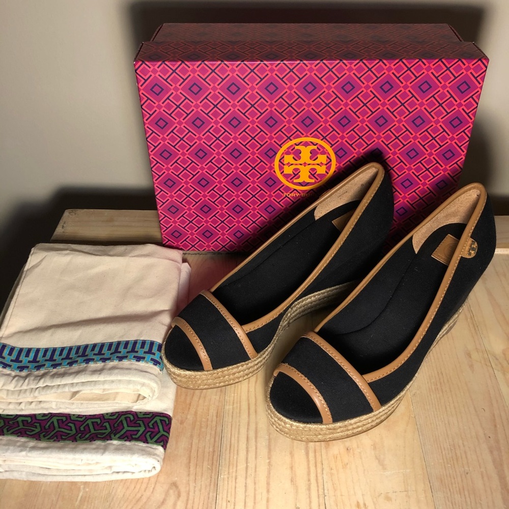 Tory Burch Majorca Women's Black Tan Canvas Wedge